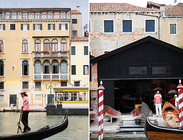 A gondolier on Venice's Grand Canal and the outside of a gondole repair shop.