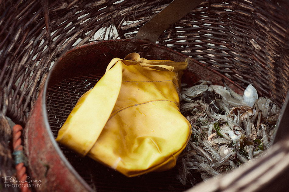 A wicker basket with a fisherman's yellow hat and gray shrimp
